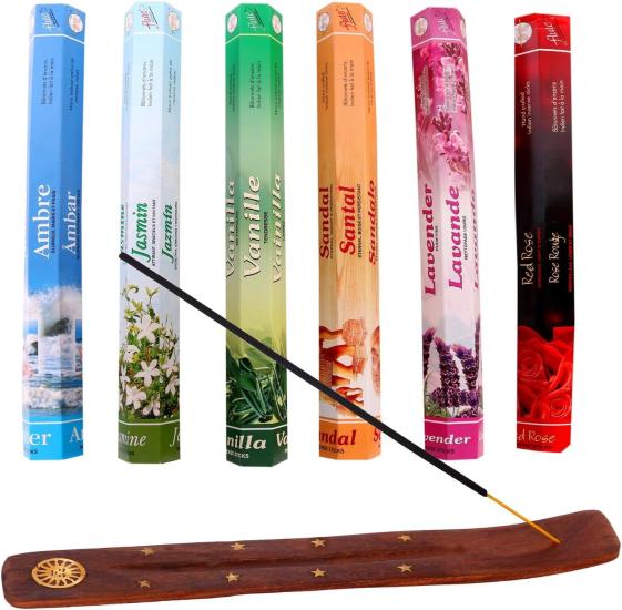  Flute çubuk tütsü seti, 6’lı karma tütsü seti 6x20 (120 çubuk), Ahşap tütsü kayığı,
